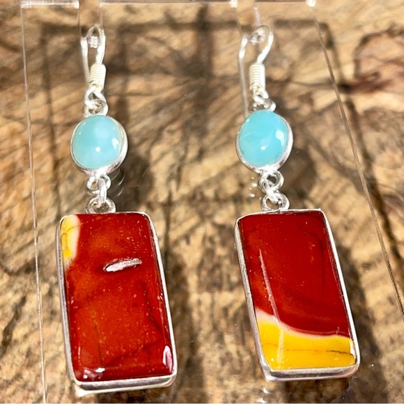 Mookaite & Caribbean Larimar Earrings 2 1/2” - Picture 3 of 10